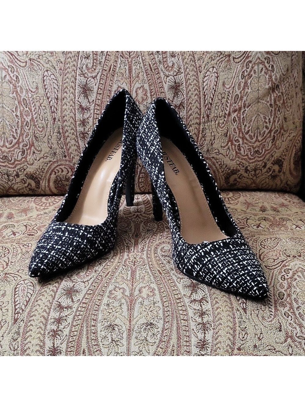 JustFab Monochrome Tweed Giselle Pointed Toe Heels - Size 8.5